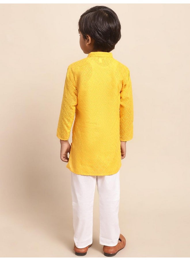 Superminis - superminis Baby Boys Ethnic Wear Colored Cotton Chikankari Kurta, Round Collar, Full Sleeves With White Pyjama, Kurta Set (Yellow, 12-18 Months) - Image 1