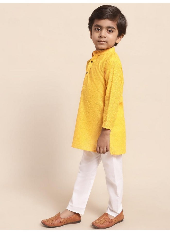 Superminis - superminis Baby Boys Ethnic Wear Colored Cotton Chikankari Kurta, Round Collar, Full Sleeves With White Pyjama, Kurta Set (Yellow, 12-18 Months) - Image 1