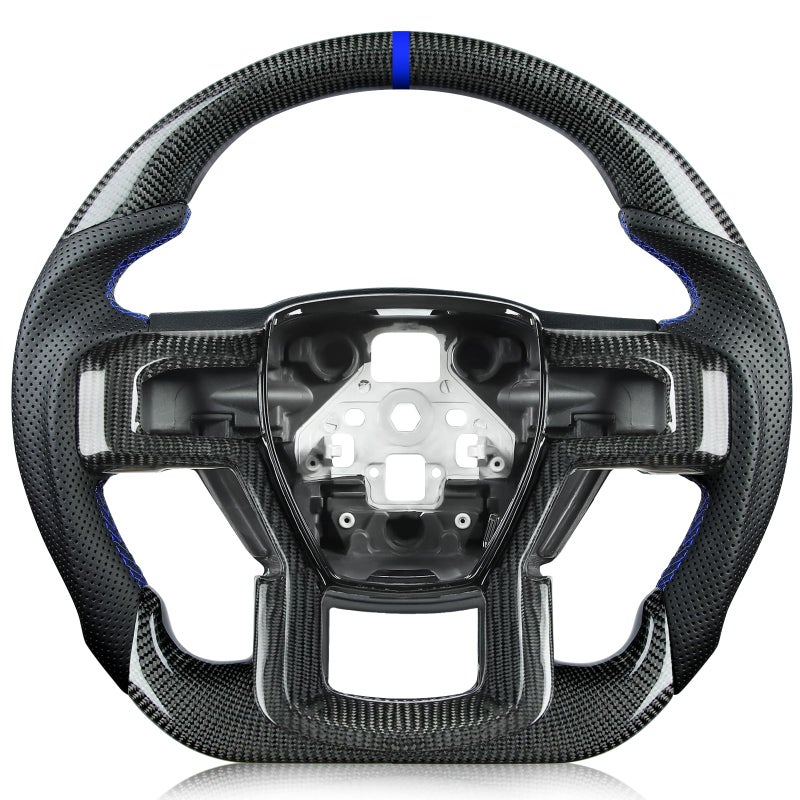 TESFEEL Carbon Fiber Steering Wheel for F150 20152020 with Trim Blue StripeStitching Black Nappa Leather Dshaped Flatbottom Steering Wheel Compatible with F150 without Paddle Shifter Models