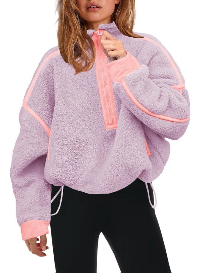Panadila Womens Quarter Zip Fleece Pullover Sherpa Jacket Oversized Sweatshirt with Pockets Fuzzy Sweater (Taro Purple,S) - Image 1