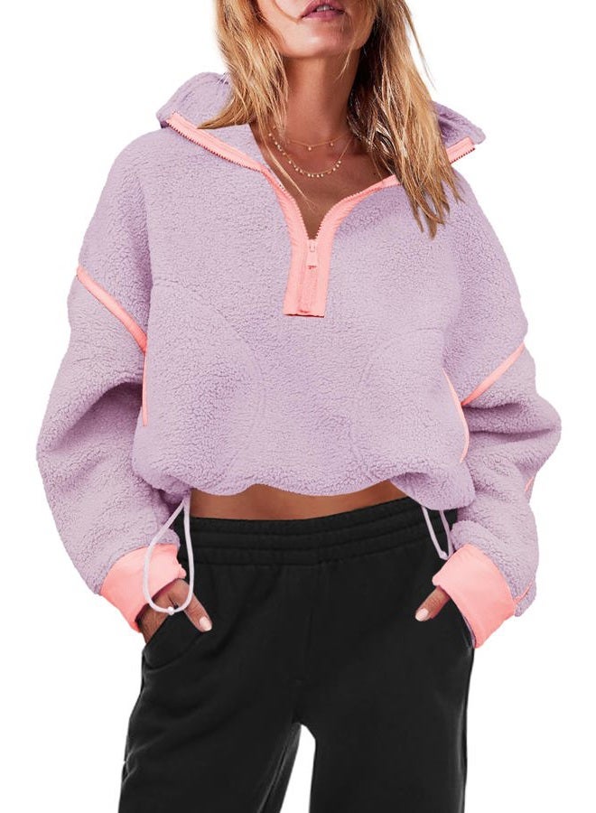 Panadila Womens Quarter Zip Fleece Pullover Sherpa Jacket Oversized Sweatshirt with Pockets Fuzzy Sweater (Taro Purple,S) - Image 2