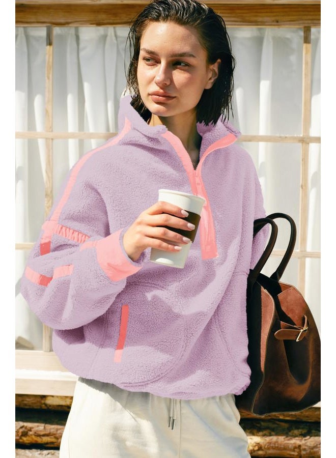 Panadila Womens Quarter Zip Fleece Pullover Sherpa Jacket Oversized Sweatshirt with Pockets Fuzzy Sweater (Taro Purple,S) - Image 4