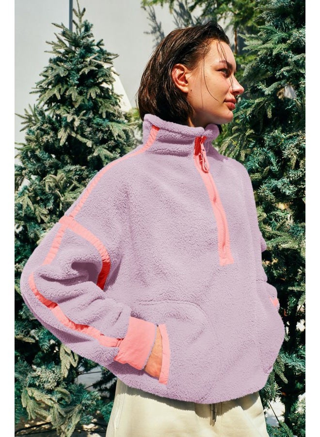 Panadila Womens Quarter Zip Fleece Pullover Sherpa Jacket Oversized Sweatshirt with Pockets Fuzzy Sweater (Taro Purple,S) - Image 3
