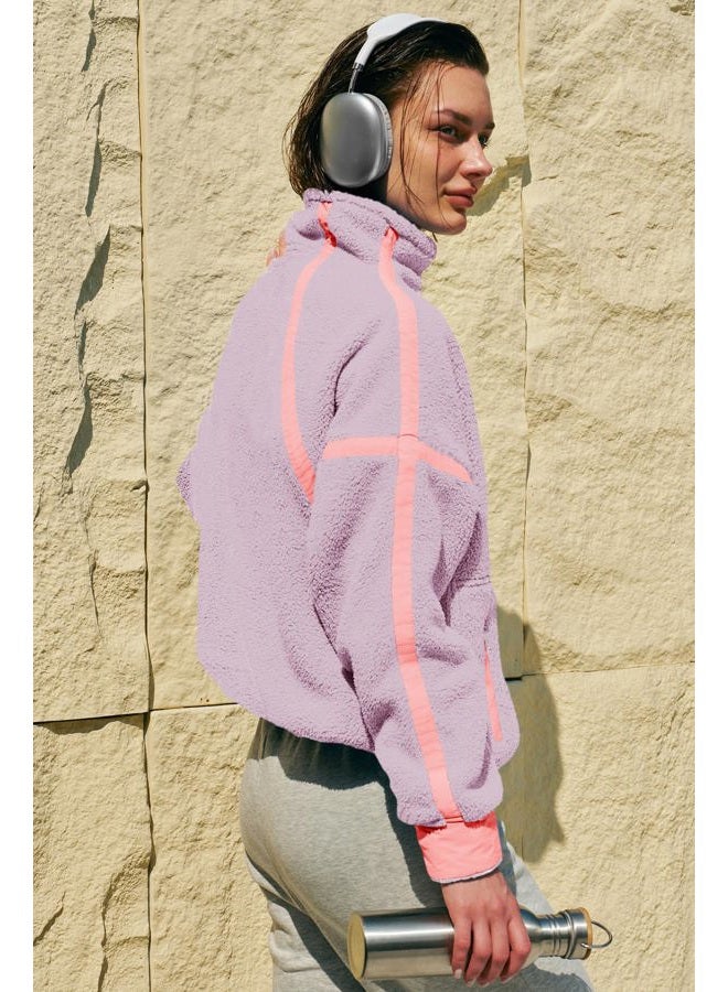Panadila Womens Quarter Zip Fleece Pullover Sherpa Jacket Oversized Sweatshirt with Pockets Fuzzy Sweater (Taro Purple,S) - Image 5