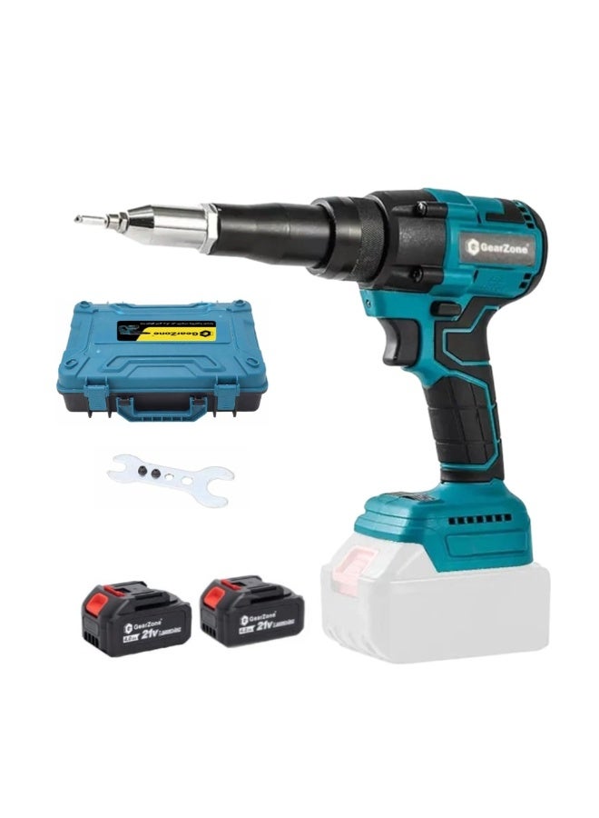 GearZone Cordless Rivet Gun,Automatic Brushless Riveter Tool Kit for Rivets 2.4/3.2/4.0/4.8 mm,Portable 21V Electric with 2pcs Batteries for Stainless Steel, Aluminum Rivets-Blue - Image 1