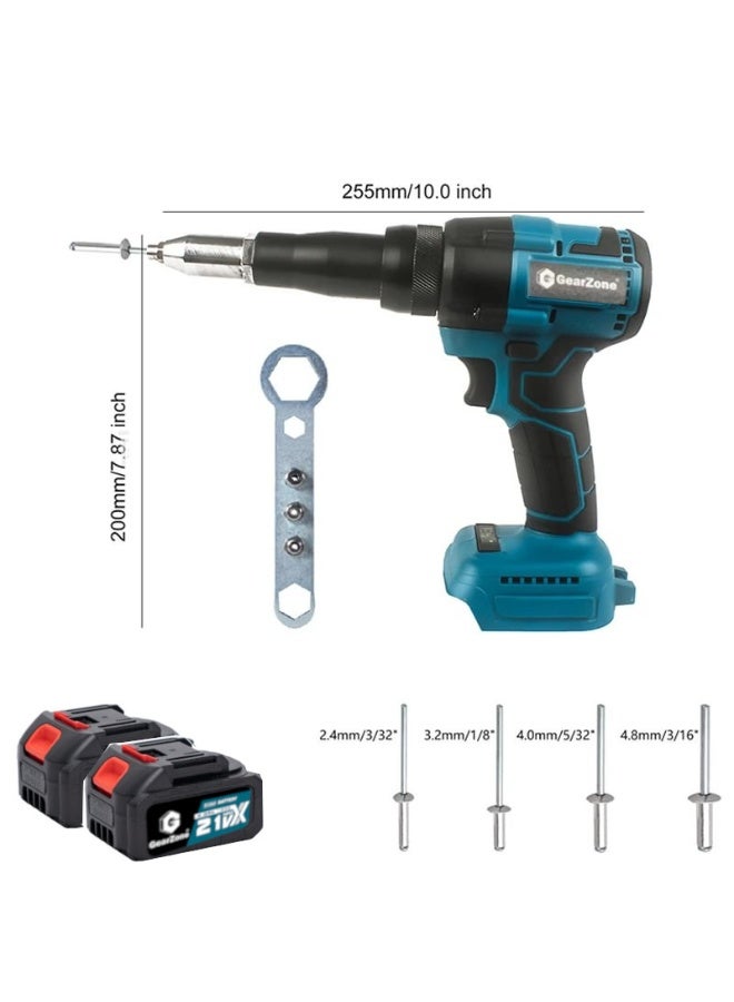 GearZone Cordless Rivet Gun,Automatic Brushless Riveter Tool Kit for Rivets 2.4/3.2/4.0/4.8 mm,Portable 21V Electric with 2pcs Batteries for Stainless Steel, Aluminum Rivets-Blue - Image 3