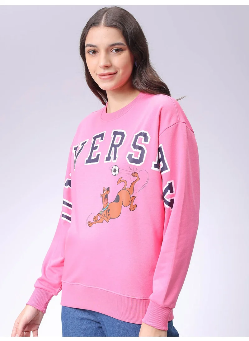 Freehand Women Boxy Pink Printed Crew Neck Long Sleeve Sweatshirt