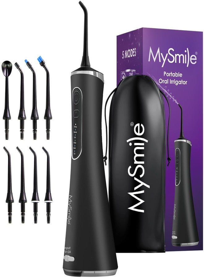 MySmile LP211 Cordless Water Flossers, Portable Rechargeable Oral Irrigator for Teeth Cleaning, 5 Cleaning Modes, IPX7 Waterproof, 8 Replacement Tips and a Storage Pouch (Midnight Black) - Image 1