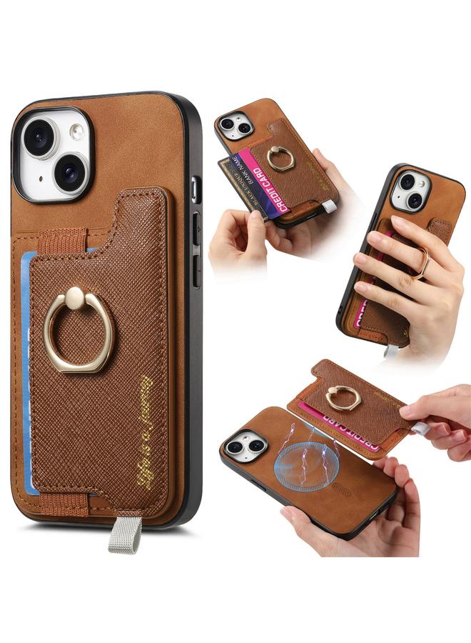 S-TOP Case For iPhone 15 Plus Retro Magsafe Cross Leather Ring Holder Card Bag Phone Case - Image 1