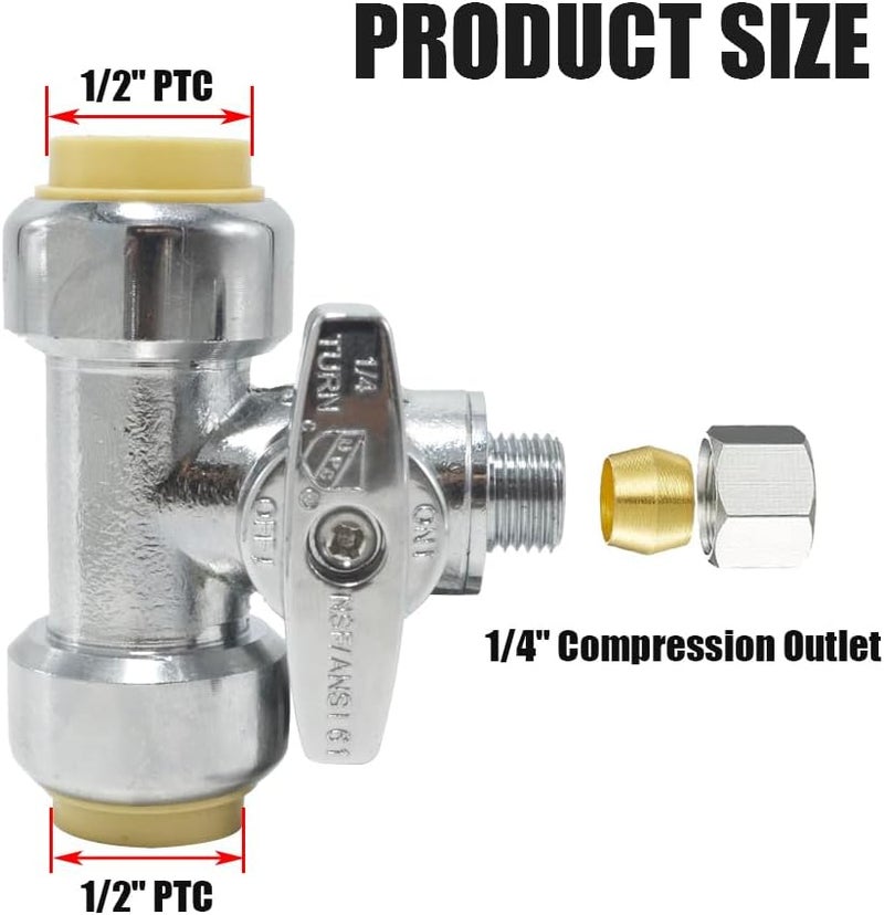 TT FLEX Service Tee Stop Valve, 1/2 Inch x 1/2 Inch x 1/4 Inch, 1/4 Turn, Compression Service Stop Fitting, Water Valve Shut Off, Push-to-Connect, PEX, Copper, CPVC, PE-RT - Image 2