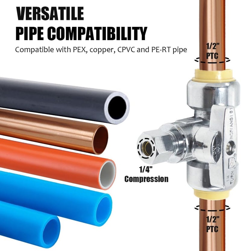 TT FLEX Service Tee Stop Valve, 1/2 Inch x 1/2 Inch x 1/4 Inch, 1/4 Turn, Compression Service Stop Fitting, Water Valve Shut Off, Push-to-Connect, PEX, Copper, CPVC, PE-RT - Image 4