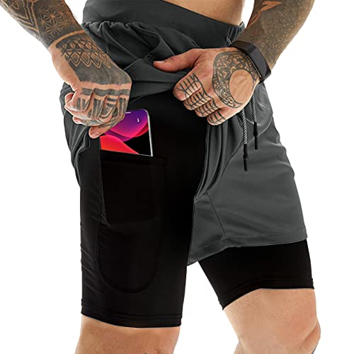OEBLD Gym Shorts Men for Running, Training, Mens Athletic Workout Shorts with Compression Mesh Liner, Quick Dry, Lightweight, Phone Pocket, Towel Loop, 7inch Grey - Image 1