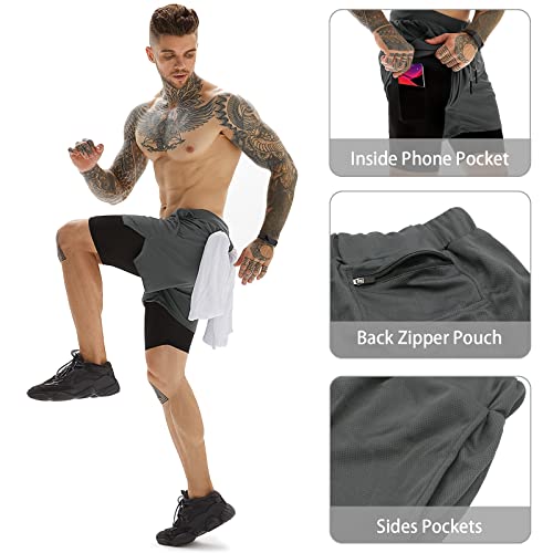 OEBLD Gym Shorts Men for Running, Training, Mens Athletic Workout Shorts with Compression Mesh Liner, Quick Dry, Lightweight, Phone Pocket, Towel Loop, 7inch Grey - Image 5
