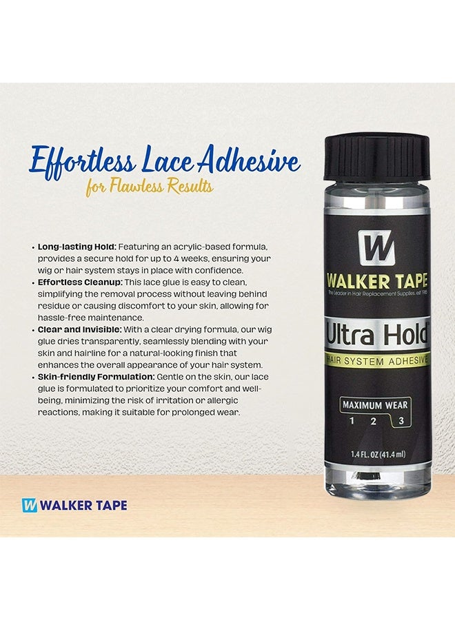 والكر تايب لاصق نظام الشعر Walker Tape Ultra Hold 1.4 أونصة مع قضيب الفرشاة ، غراء شعر مقاوم للماء للشعر المستعار ، غراء ربط الشعر بغراء الدانتيل لوصلات الشعر ، أساسيات شعر مستعار لاصق طويل الأمد - Image 3