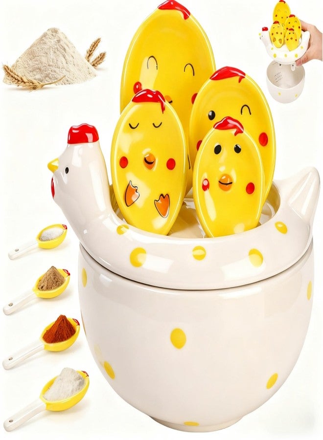 Tlence 5 Pcs Ceramic Measuring Spoons with Holder, Chicken Measuring Teaspoon Set in Pot, Cute Ceramic Hen Measuring Cups and Tablespoons for Salt Sugar Powder Liquid Dry Ingredients, Kitchen Decor - Image 1