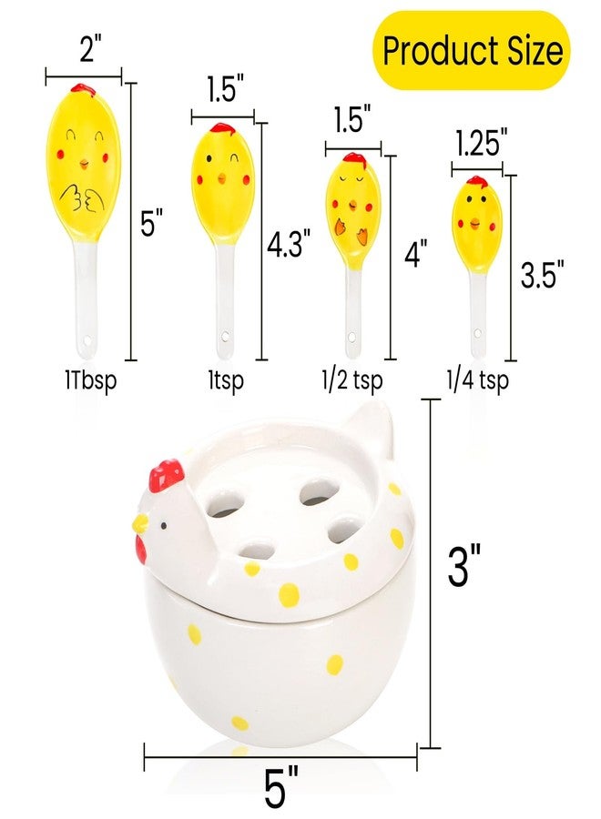 Tlence 5 Pcs Ceramic Measuring Spoons with Holder, Chicken Measuring Teaspoon Set in Pot, Cute Ceramic Hen Measuring Cups and Tablespoons for Salt Sugar Powder Liquid Dry Ingredients, Kitchen Decor - Image 2