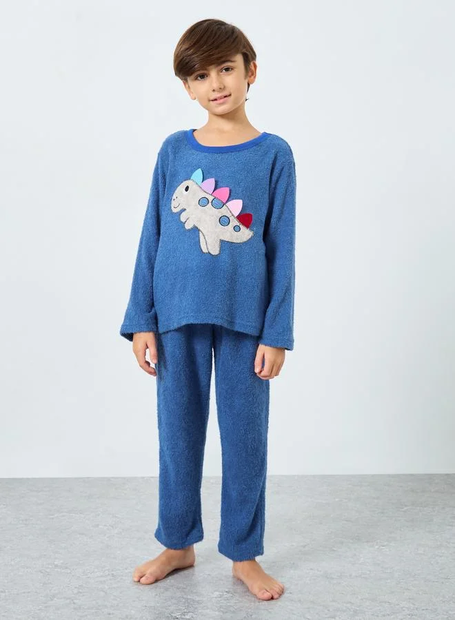 Styli Styli Boy Dinosaur Applique Fleece Top and Pyjama Set