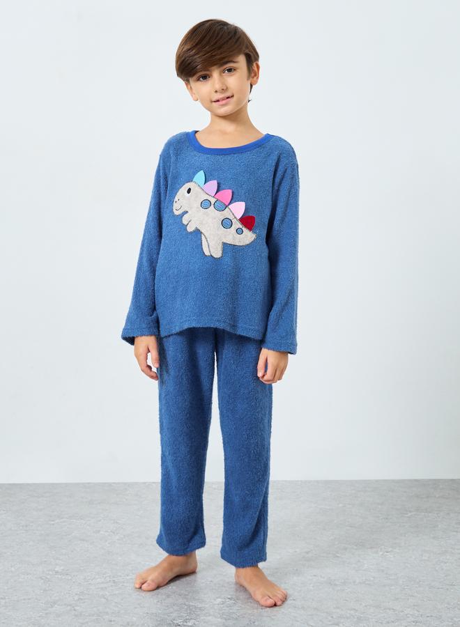 Styli Boy Dinosaur Applique Fleece Top and Pyjama Set - Image 1