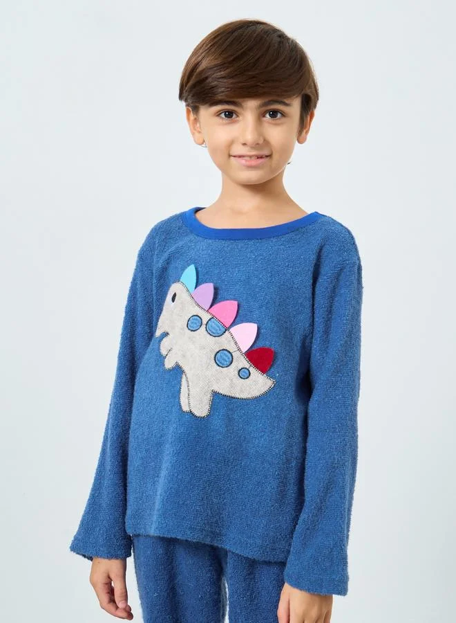 Styli Styli Boy Dinosaur Applique Fleece Top and Pyjama Set
