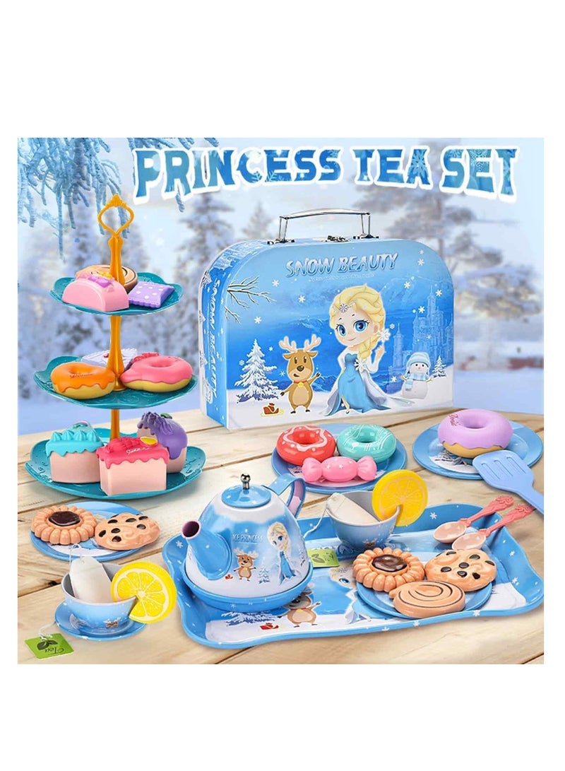 Excefore Little Girls Tea Party Set, Kitchen Playset, 48-Piece Elsa Princess Pretend Toy Kit with Tin Tea Set, Desserts, and Carrying Case - Kids Pretend Play Toys, Birthday Gift for 3-6 Year Old Girls - Image 2