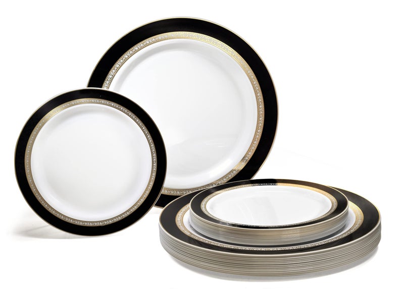 OCCASIONS FINEST PLASTIC TABLEWARE OCCASIONS  240 Plates Pack120 Guests Heavyweight Premium Disposable Plastic Plates Set 120 x 105 Dinner  120 x 75 SaladDessert Ritz Black and Gold 