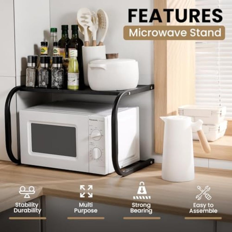 Metal Microwave Stand, Space-Saving Countertop Organizer, Sturdy Black Kitchen Shelf for Microwave, Oven and Small Appliances, Compact Home and Office Storage Black, 55x35x35cm, 2-Tier - Image 2