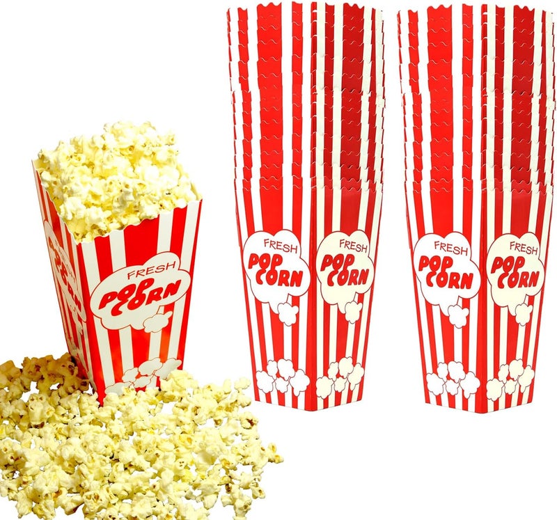 Salbree 30 Movie Night Popcorn Paper Boxes Buckets 7.75 Inches Tall Large Box & Holds 46 Oz Old Fashion Vintage Retro Party Design Red & White Colored Nostalgic Carnival Stripes Bags & Tubs various qty avail - Image 1