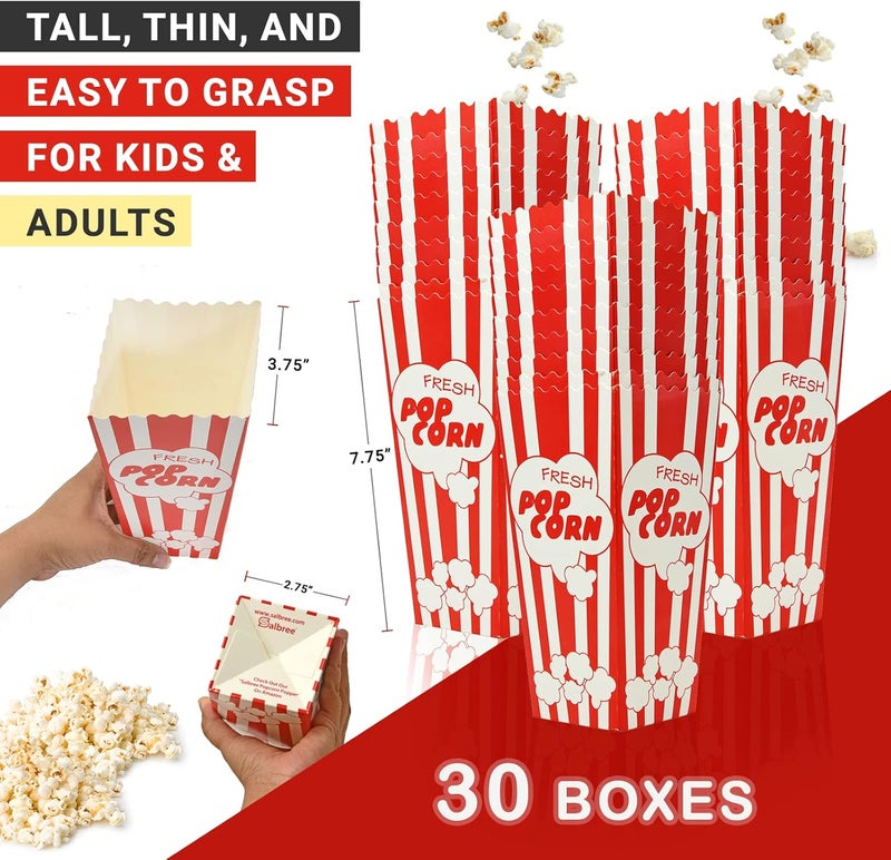 Salbree 30 Movie Night Popcorn Paper Boxes Buckets 7.75 Inches Tall Large Box & Holds 46 Oz Old Fashion Vintage Retro Party Design Red & White Colored Nostalgic Carnival Stripes Bags & Tubs various qty avail - Image 2