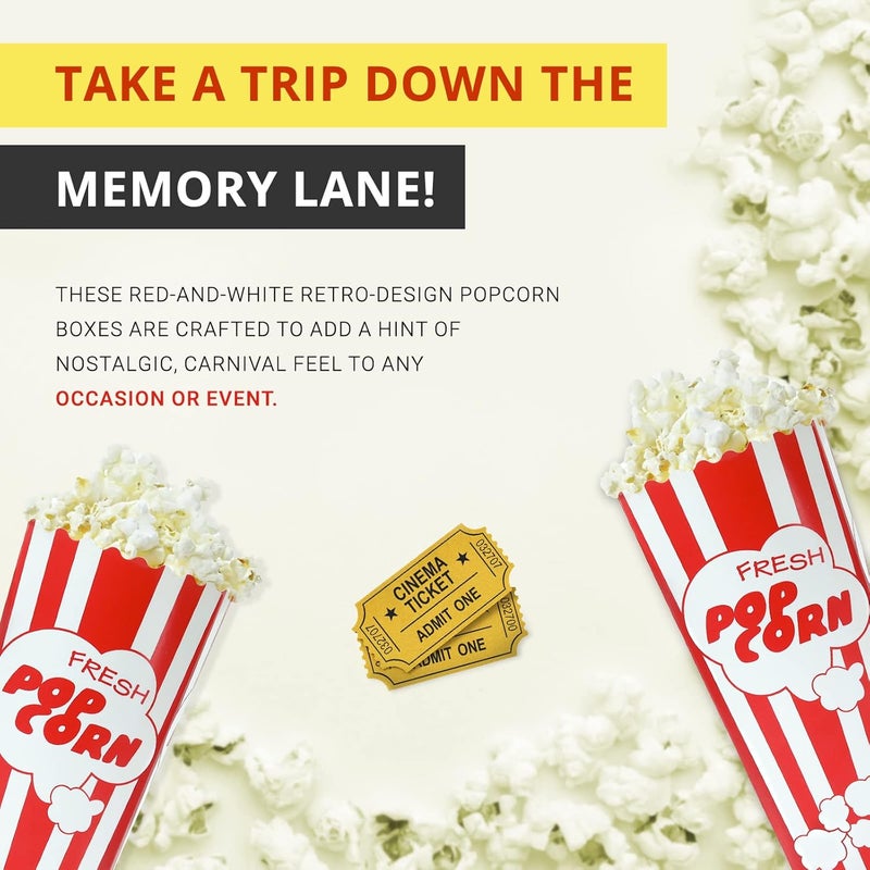 Salbree 30 Movie Night Popcorn Paper Boxes Buckets 7.75 Inches Tall Large Box & Holds 46 Oz Old Fashion Vintage Retro Party Design Red & White Colored Nostalgic Carnival Stripes Bags & Tubs various qty avail - Image 4