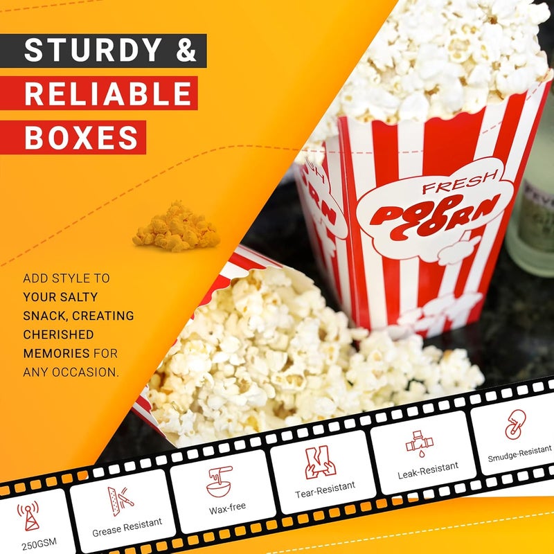 Salbree 30 Movie Night Popcorn Paper Boxes Buckets 7.75 Inches Tall Large Box & Holds 46 Oz Old Fashion Vintage Retro Party Design Red & White Colored Nostalgic Carnival Stripes Bags & Tubs various qty avail - Image 3