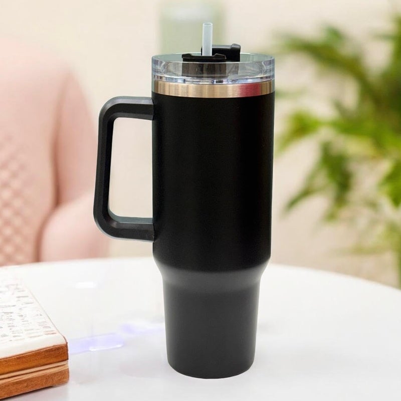 DWEASY Insulated 40 oz Tumbler with Handle and Straw Lid Double Wall Stainless Steel Water Bottle Cup Reusable Travel Mug BPA Free Durable for Iced Tea Coffee Gift Rose Quartz Black - Image 1