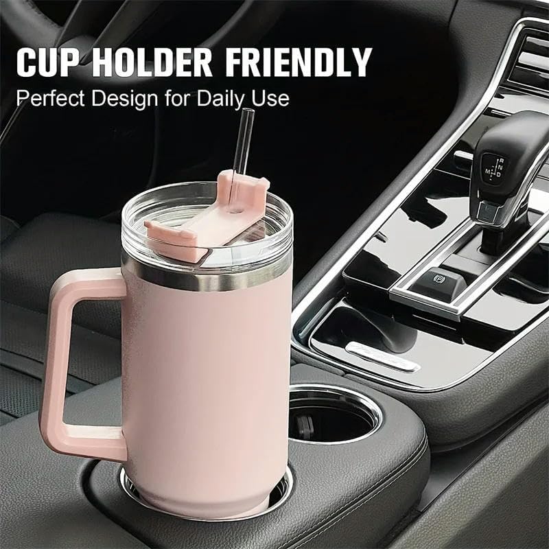 DWEASY Insulated 40 oz Tumbler with Handle and Straw Lid Double Wall Stainless Steel Water Bottle Cup Reusable Travel Mug BPA Free Durable for Iced Tea Coffee Gift Rose Quartz Black - Image 4