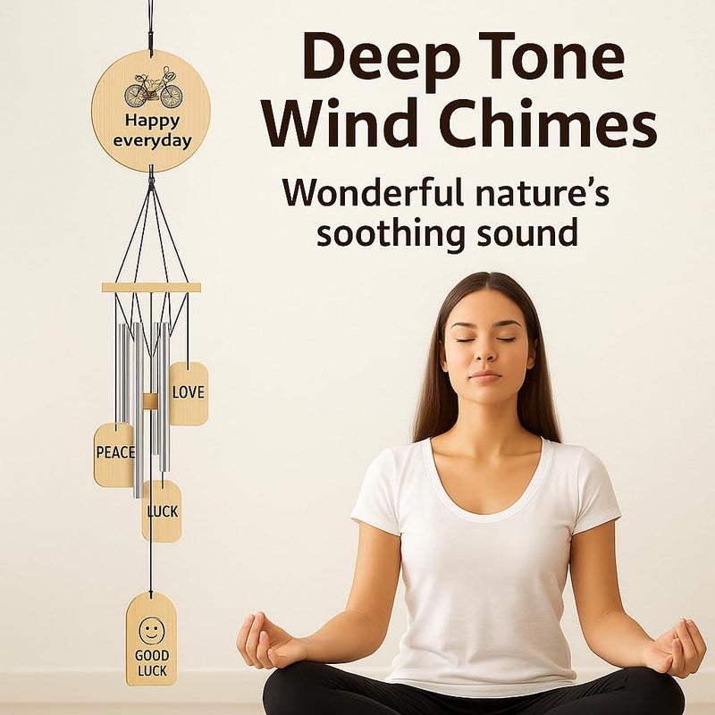 LUVAE Wind Chimes – 4 Pipe Silver Chime with Wooden Message Catcher for Home, Bedroom, Balcony, Garden – Positive Energy, Calming Sound – Gift for Couples, Housewarming, Birthday - Image 2