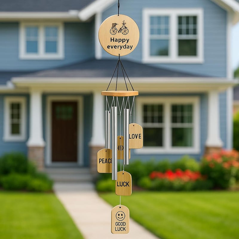 LUVAE Wind Chimes – 4 Pipe Silver Chime with Wooden Message Catcher for Home, Bedroom, Balcony, Garden – Positive Energy, Calming Sound – Gift for Couples, Housewarming, Birthday - Image 1