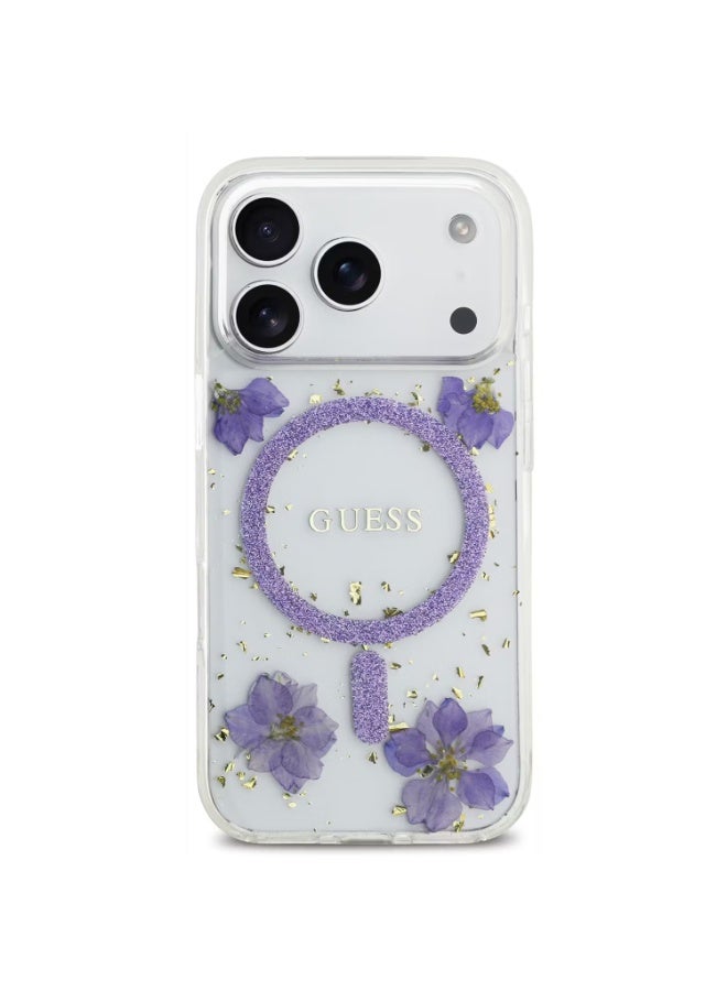 GUESS Guess MagSafe Resin Case with Flowers & Glitter Pattern for iPhone 17 Pro Max, Slim Profile, Drop Protection, Easy Snap-On, Sustainable Packaging, Comfortable Grip, Lightweight Design - Purple - Image 1