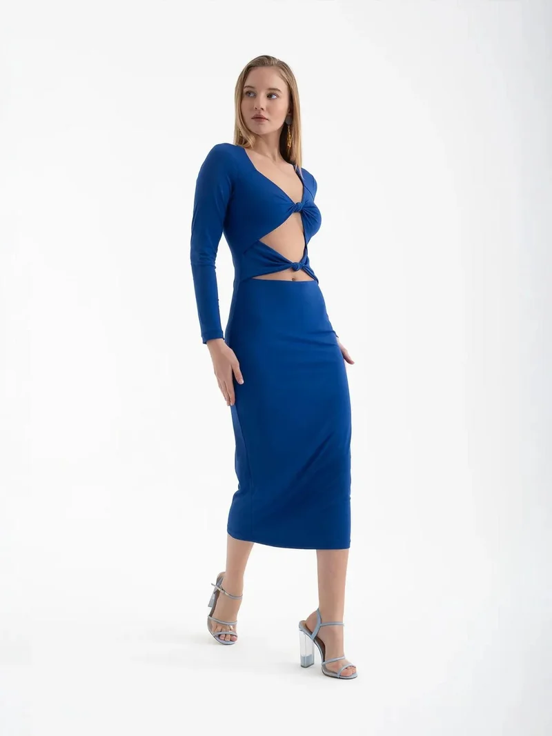 HICCUP royal blue Scoop Neck Cut Out Long Sleeve Midi Dress for Women | Best Price UAE