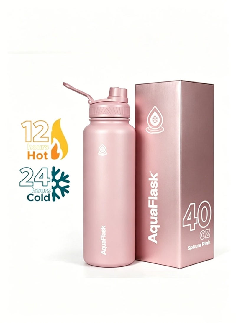 AquaFlask زجاجة ماء من الفولاذ المقاوم للصدأ معزولة، 40 أونصة/1200 مل، ترمس مزدوج الجدران للسوائل الساخنة والباردة، احتفاظ بالحرارة لمدة 12 ساعة أو البرودة لمدة 24 ساعة، خالية من BPA، للاستخدام في الصالة الرياضية والعمل - Image 1