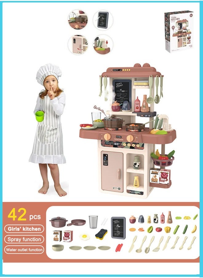 HQ-GAMING - Play Kitchen Set for Kids 63CM Tall Kids Play Kitchen with Realistic Lights and Sounds Simulation of Spray, 42Pcs Toy Kitchen Set for Toddlers Girls Boys Gift -(Orange Red) - Image 1
