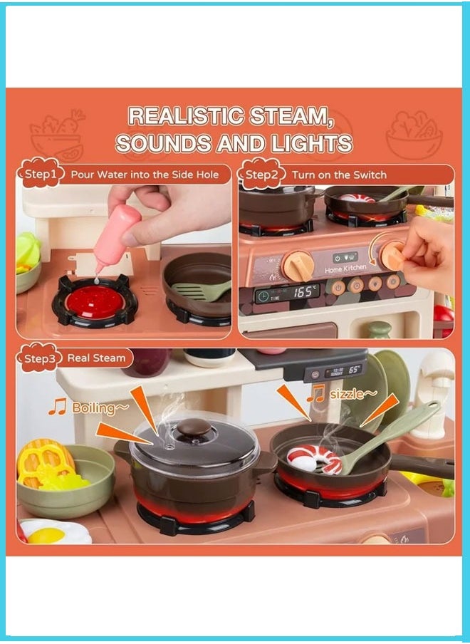 HQ-GAMING - Play Kitchen Set for Kids 63CM Tall Kids Play Kitchen with Realistic Lights and Sounds Simulation of Spray, 42Pcs Toy Kitchen Set for Toddlers Girls Boys Gift -(Orange Red) - Image 1