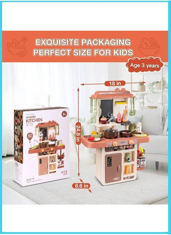 HQ-GAMING - Play Kitchen Set for Kids 63CM Tall Kids Play Kitchen with Realistic Lights and Sounds Simulation of Spray, 42Pcs Toy Kitchen Set for Toddlers Girls Boys Gift -(Orange Red) - Image 1