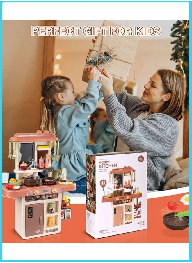 HQ-GAMING - Play Kitchen Set for Kids 63CM Tall Kids Play Kitchen with Realistic Lights and Sounds Simulation of Spray, 42Pcs Toy Kitchen Set for Toddlers Girls Boys Gift -(Orange Red) - Image 1
