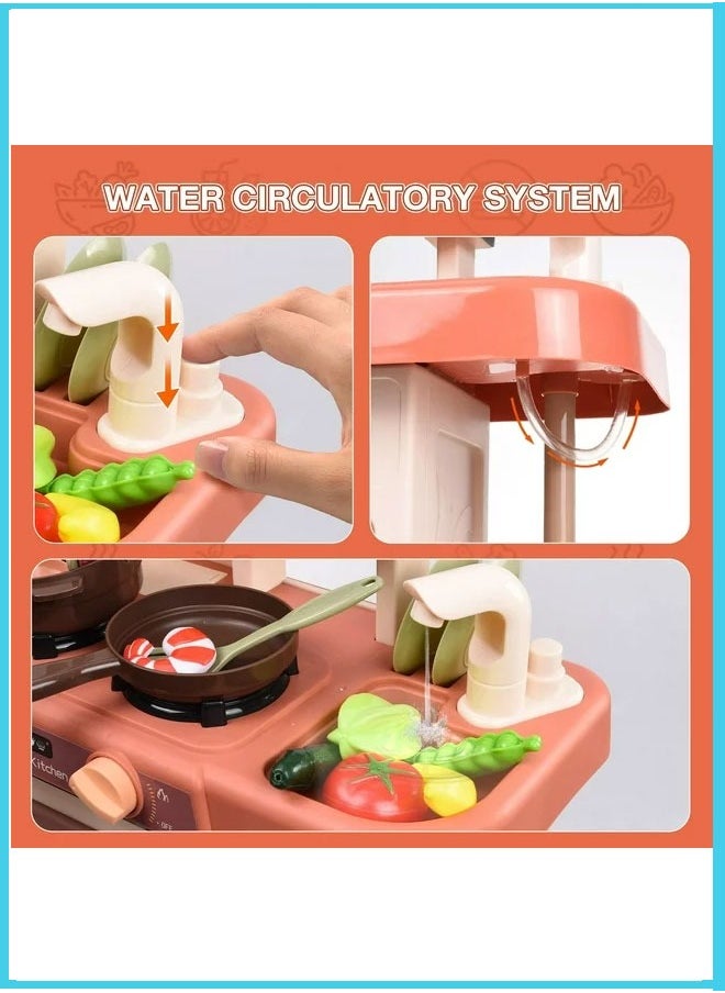 HQ-GAMING - Play Kitchen Set for Kids 63CM Tall Kids Play Kitchen with Realistic Lights and Sounds Simulation of Spray, 42Pcs Toy Kitchen Set for Toddlers Girls Boys Gift -(Orange Red) - Image 1