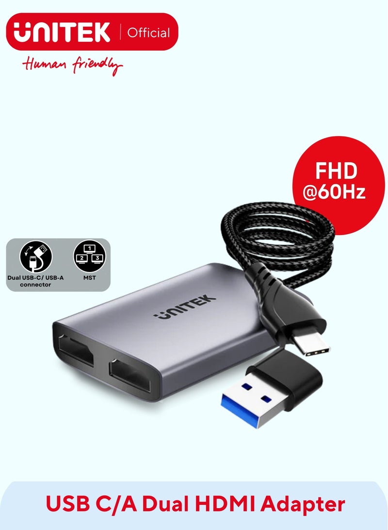UNITEK محول USB C/A إلى HDMI مزدوج لنظامي Windows و Mac | يدعم شاشتين بدقة 1080p | وضع التمديد والعكس | كابل من سبائك الألمنيوم ونايلون مضفر - Image 1