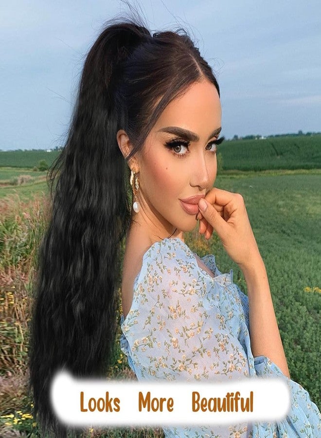 rosmile Corn Wave Ponytail Extension Wrap Around 26 Inches Long Curly Wavy Pony Tail Extension Synthetic Black Ponytails Hairpiece for Women Girls (26 Inches, 1B Natural Black) - Image 2