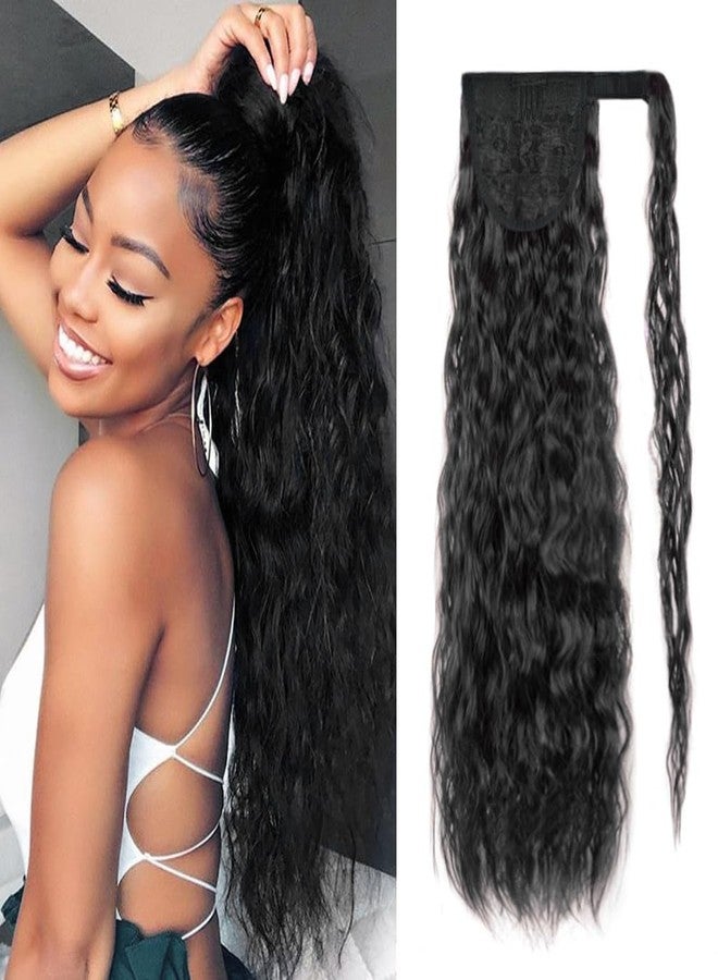 rosmile Corn Wave Ponytail Extension Wrap Around 26 Inches Long Curly Wavy Pony Tail Extension Synthetic Black Ponytails Hairpiece for Women Girls (26 Inches, 1B Natural Black) - Image 1