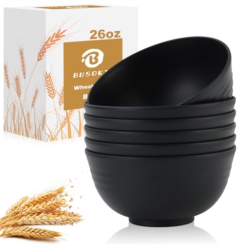 BUSOKIP Ramen Bowl 26oz, Unbreakable Wheat Straw Bowls Sets of 6, Plastic Bowl Reusable, Microwave & Dishwasher Safe Cereal Bowls for Kitchen, Dorm, Office- Black - Image 1