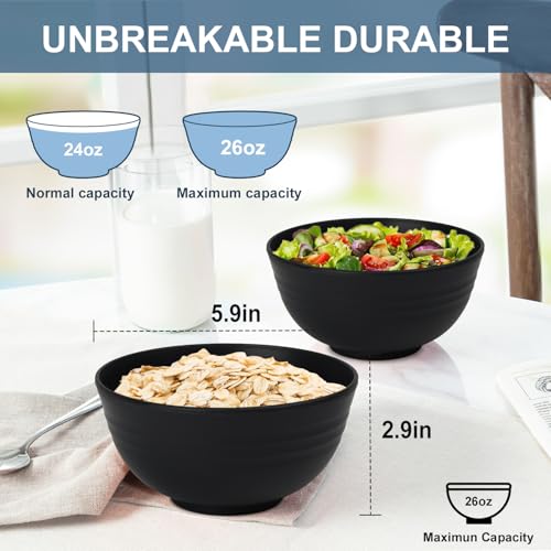 BUSOKIP Ramen Bowl 26oz, Unbreakable Wheat Straw Bowls Sets of 6, Plastic Bowl Reusable, Microwave & Dishwasher Safe Cereal Bowls for Kitchen, Dorm, Office- Black - Image 2