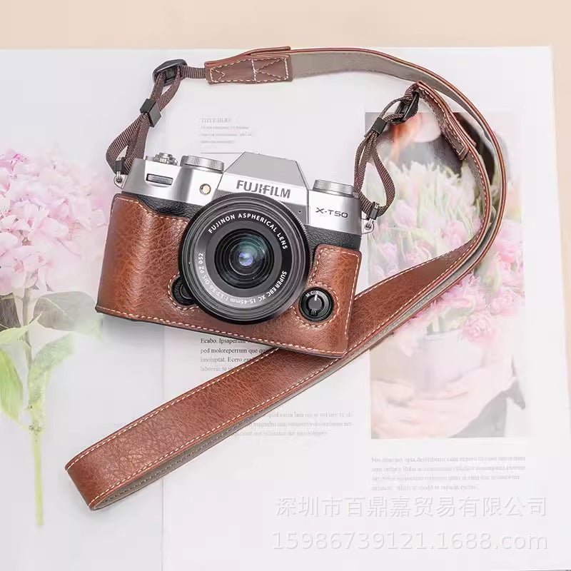 XT50 Leather Half Case Portable Shoulder Camera Bag Coffee Shoulder Strap 