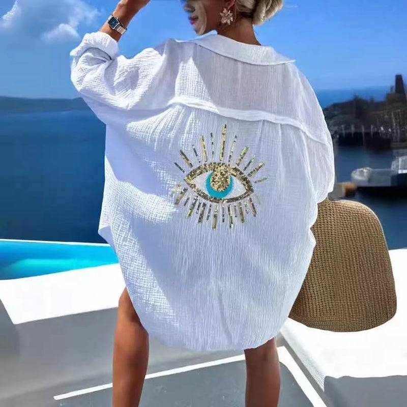 XPONNI Long Sleeve Linen Button Down Shirt Women Oversized Sequin Evil Eye Shirts Dress Beach Cover Ups Summer 2024 (White,S,Small) - Image 3