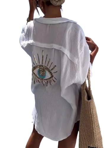 XPONNI Long Sleeve Linen Button Down Shirt Women Oversized Sequin Evil Eye Shirts Dress Beach Cover Ups Summer 2024 (White,S,Small) - Image 1